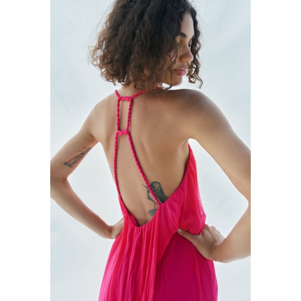 ZARA Fuchsia RIBBED DRESS VOLUMINOUS DRESS WITH BRAIDED STRAPS - Picture 5 of 16